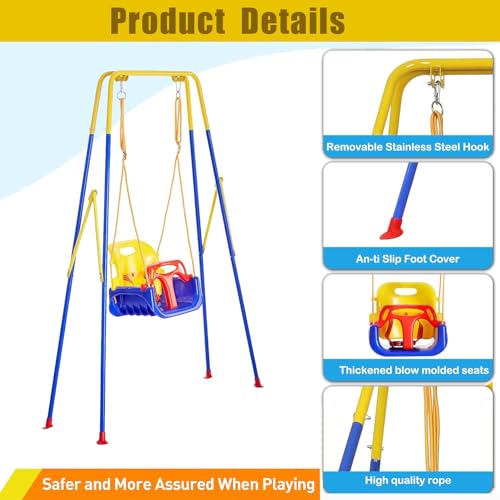 FCOUMY 3-in-1 Toddler Swing Set Blue Yellow - Indoor & Outdoor Baby Swing with Safety Belt, Foldable Metal Frame, Easy Assembly