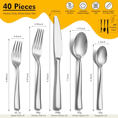 8-Piece Heavy Duty Stainless Steel Flatware Set - Mirror Polished Cutlery for 8, Durable Kitchen Utensils