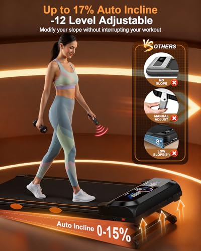 Walking Pad Treadmill with 15% Auto Incline, 12 Levels, 450 lb Capacity, Bluetooth & App