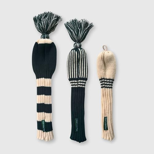 Wool Knit Golf Head Cover Set - Cream & Green for Drivers, Fairways & Hybrids