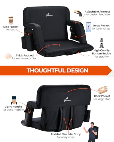 Sportneer Stadium Seat with Back Support & Armrest - Black, 20.5"
