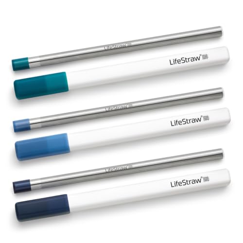 LifeStraw Sip Reusable Stainless Steel Water Filter Straw - 3 Pack, Lagoon Teal, Stormy Blue, Midnight Blue