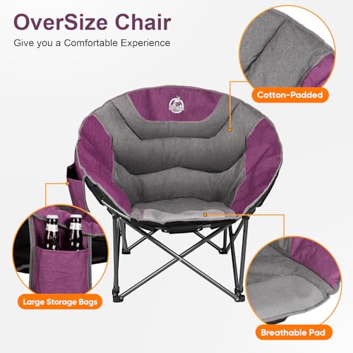 Oversized Camping Moon Chair - Purple & Grey Folding Padded Saucer with Side Pocket, 500lbs Capacity