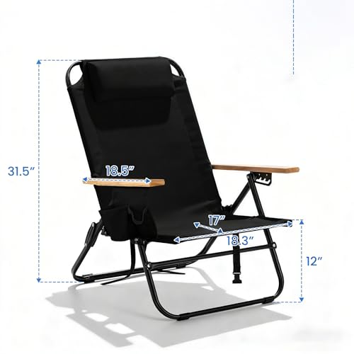 Night Black Portable Camping Chair with 5-Position Recline & Wooden Armrests