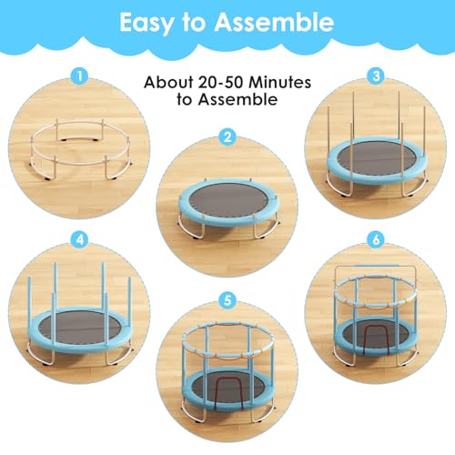 Blue 60-Inch Kids Trampoline with Safety Net & Adjustable Gymnastics Bar - Upgraded Anti-Rust Frame, Supports 440lbs, Indoor/Outdoor