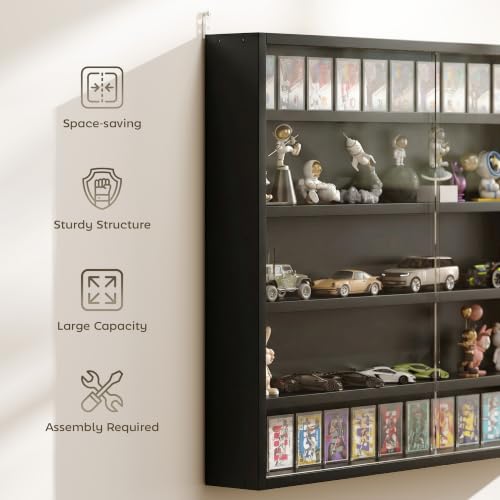 Wall Mounted Glass Display Cabinet - 5 Tiers, Adjustable Shelves, Jet Black