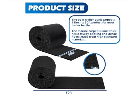 Marine-Grade Boat Trailer Bunk Carpet Roll 50FT x 12IN Black Extra Thick Support