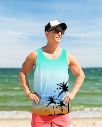 Mens Beach Tank Top – Blue X-Large Graphic Palm Tree Sleeveless Shirt for Summer Vacation & Workout