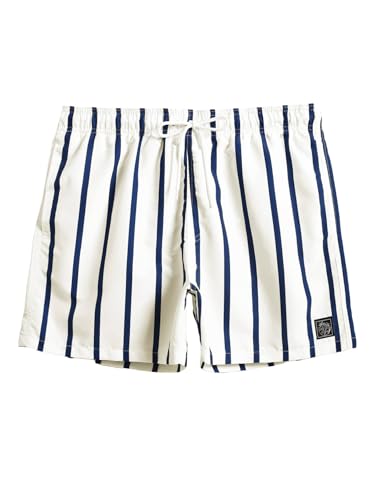Men's Quick Dry Swim Trunks - Elastic Drawstring Beach Shorts Medium White Striped