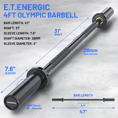 E.T.ENERGIC 4FT Black Chrome Steel Olympic Barbell 500LB Capacity for Home Gym