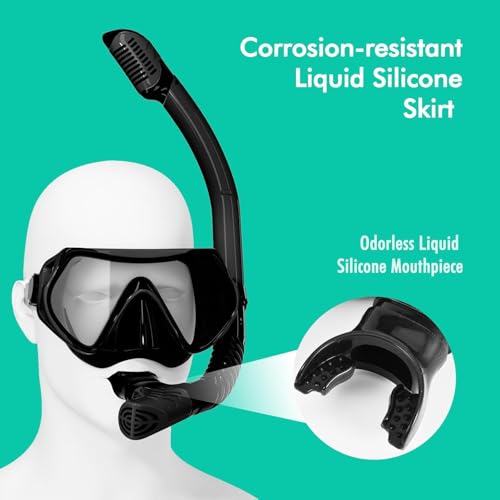 Adult Snorkeling Gear Set with Anti-Fog Goggles and Dry Snorkel - Black