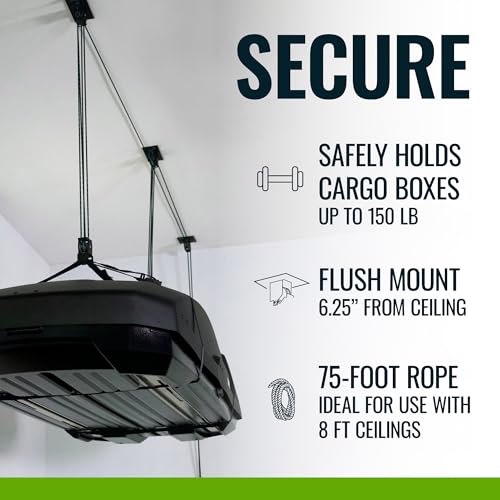 Heavy Duty Cargo Box Hoist - Supports 150 lb, Fits 8 ft Ceiling, Includes Variation for Lifting 75% of Weight