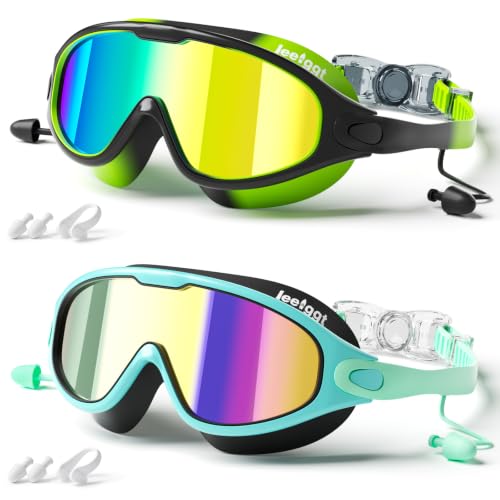 Kids Swim Goggles 2 Pack Cyan Black and Green Black Anti-Fog UV Wide View Pool Goggles for Boys & Girls