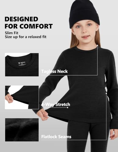 Kids Unisex Merino Wool Base Layer Set - Lightweight Thermal Underwear, Black, 11-12 Years | Woolcano