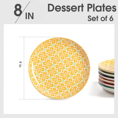 Ceramic Salad Plates Set of 6 - 8 Inch Colorful Dessert Plates, Vibrant Colors