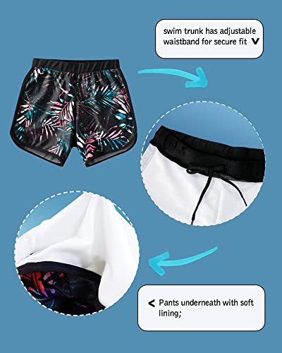 Girls Swimsuit Rash Guard 2-Piece Long Sleeve Bathing Suit with UPF50+ Size 13-14 Years - Coconut Leaf Black