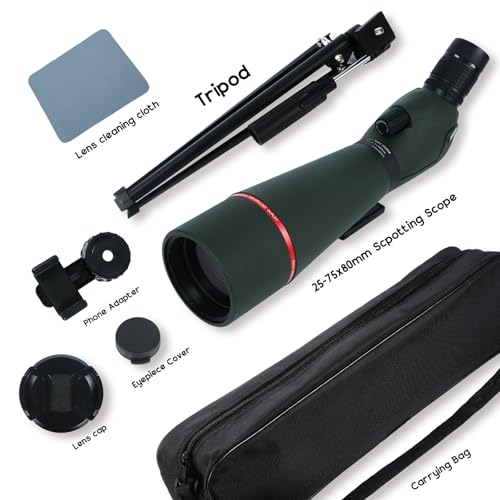 25-75x80 HD Spotting Scope with BAK4 Prism Waterproof Phone Adapter & Carrying Bag