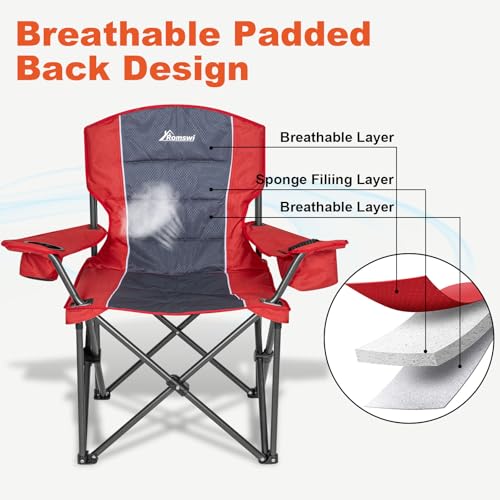 Romswi Red XL Heavy Duty Camping Chairs 500LBS Support, Padded Back & Armrests, 2-Pack