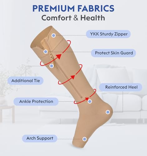 Unisex Compression Socks with Zipper - Open Toe, Medium / Beige, 20-30 mmHg