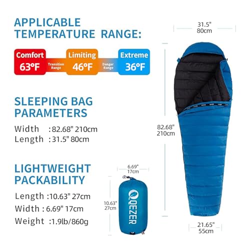 0 Degree Down Sleeping Bag for Adults - Blue-Black, 1.1 lb Down Fill, Ultralight 3-Season Camping Gear