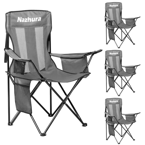 Nazhura 4 Pack Portable Camping Chairs with Cooler Pouch Mesh Backrest & Cup Holder - Grey/Metal