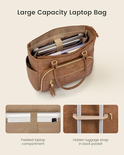 Yellow-Brown Embossed Leather Laptop Tote Bag for Women 17.3 Inch Waterproof Business Shoulder Bag with Cup Holder
