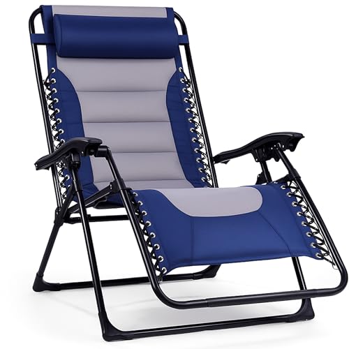 Cream/Navy Deluxe XL Padded Zero Gravity Recliner Chair with Side Tray - Outdoor Lounger