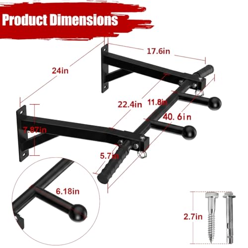 HWOOUSA 24'' Wall Mount Heavy Duty Steel Pull Up Bar | Multi Grip Home Gym Equipment