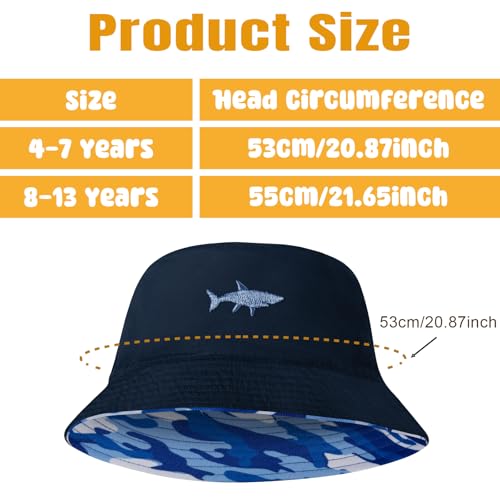Kids Sun Hat Double-Side Sun Protection Bucket Hat for Boys and Girls - Navy Blue, 8-13 Years