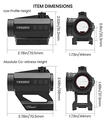 VOTATU Matte Black Red Dot Sight VRD501 Auto Off & Motion Wakeup Co-Witness Mount