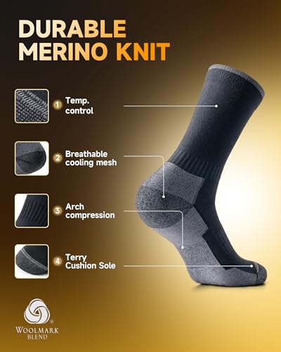X-Large Merino Wool Hiking Socks - 3 Pairs Black Seamless Toe Cushion