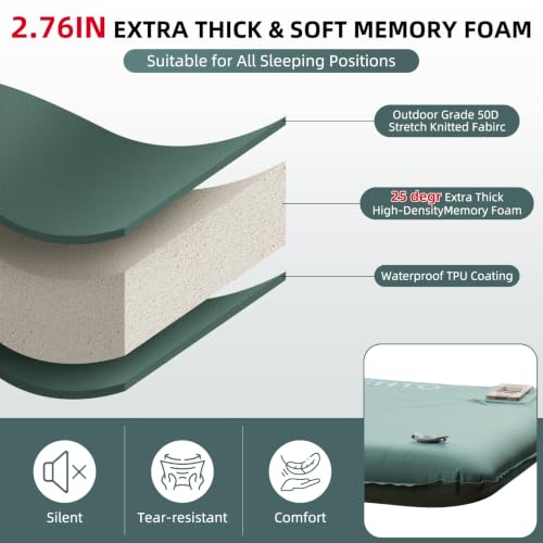 Green Self Inflating Sleeping Pad with Electric Pump, 3.14 Inch Memory Foam - Single