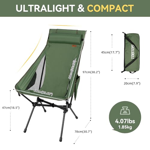 TOBTOS Portable High Back Camping Chair, Support 440 lbs, Ultralight Folding Chair with Head Support, Compact Backpacking Chair for Outdoor Camp Backpacking Fishing (Green)