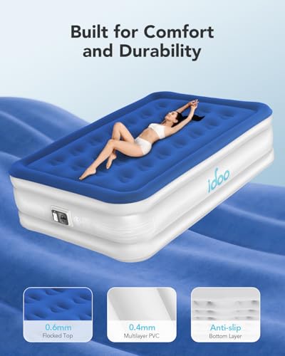 iDOO Full Size Air Mattress with Built-in Pump - Blue, 75x54x16in, Support 650 lbs