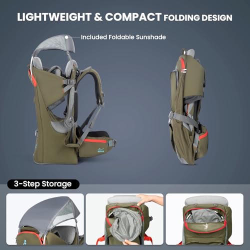 Toddler Hiking Carrier Backpack with Sun Canopy & Storage - Army Green