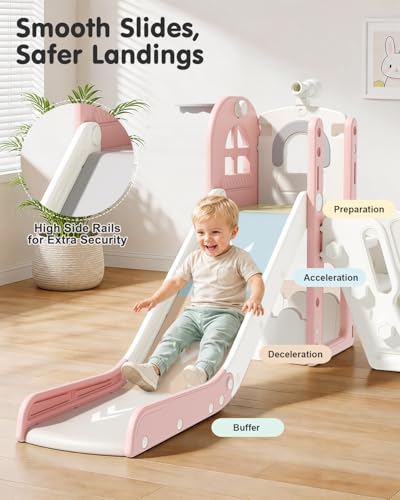 Babytronic Pink & Gray 6-in-1 Toddler Indoor & Outdoor Playground Slide for Kids 1-3