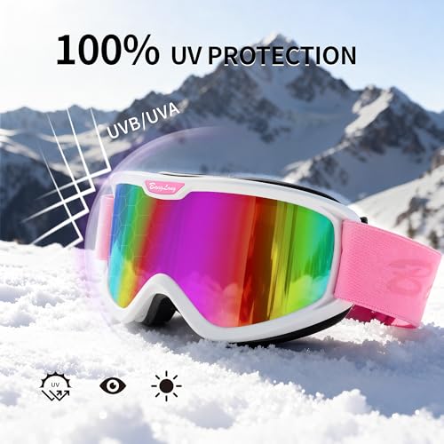 Anti-Fog Ski Goggles for Men Women Youth White Frame Pink VLT8.8% - UV Protection