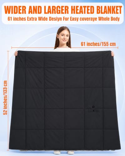 Large Battery-Powered Heated Blanket 62x55in Portable Cordless for Outdoor Use - Black