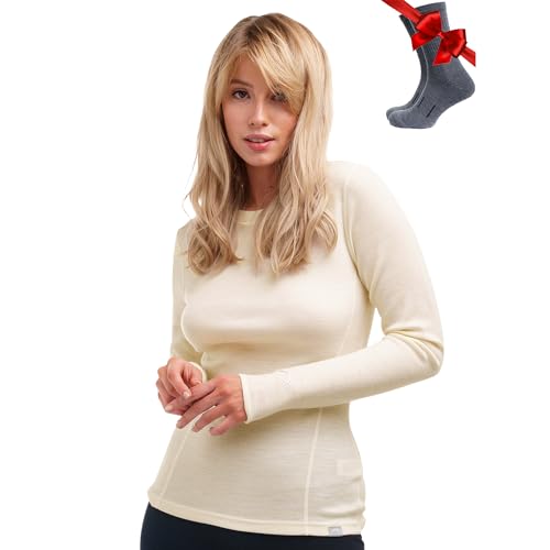 Merino Wool Base Layer Women - Long Sleeve Thermal Shirt & Socks Medium / 250 Natural Merinos