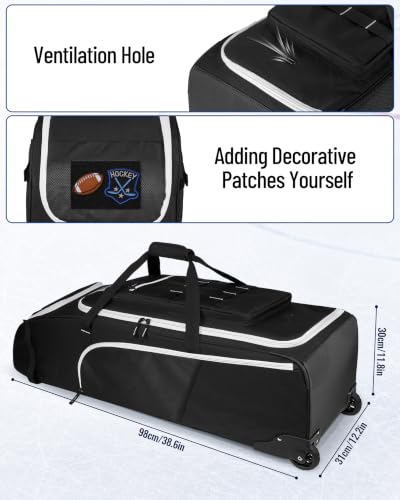 38-Inch Hockey Bag with Wheels, Travel Duffle for Ice Hockey Gear