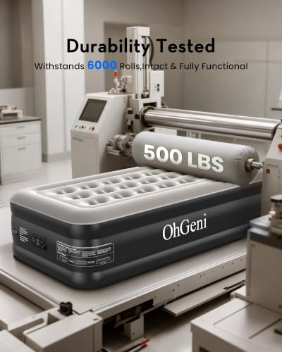 OhGeni 20-Inch Raised Twin Air Mattress with Built-In Pump, Black, Supports 500lbs