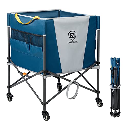 Blue Volleyball Storage Cart with Lockable Wheels, Collapsible Sports Organizer 20 Balls