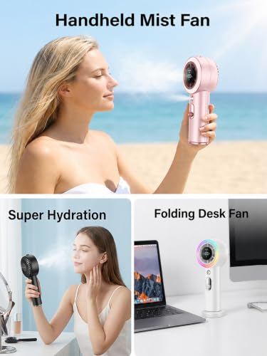 White Handheld Fan with Mist & AC-Level Ice Cooling - Portable, 1-199 Speed