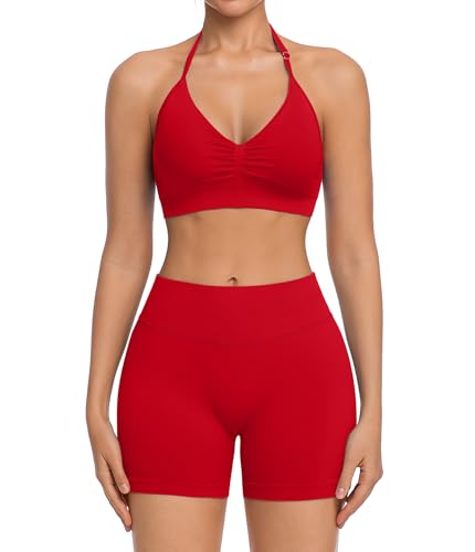 Red Women's Workout Sets Padded Sports Bra & High Waist Yoga Shorts - Medium