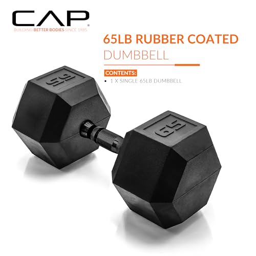 CAP 65 lb Black Rubber Coated Hex Dumbbell - Anti-Roll, Comfort Grip Handle