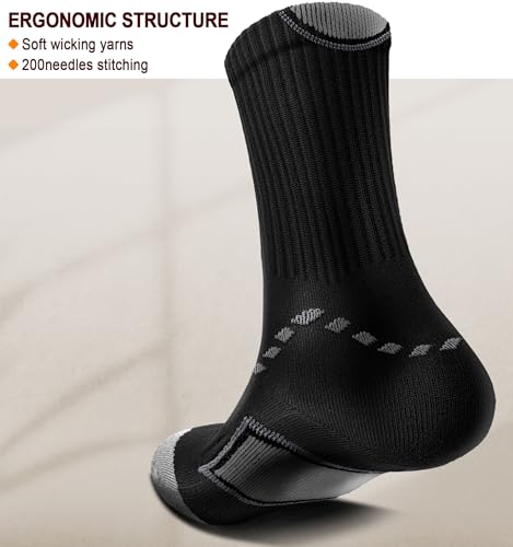 Men Cushioned Compression Crew Socks 6 Pack for Running Gym Sports - Black 11-13