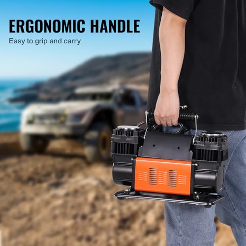 VEVOR 10.6 CFM Heavy Duty Portable Air Compressor 12V 150PSI Offroad Tire Inflator with Adapters, Orange & Black, 14.4x5.9x8.9 in