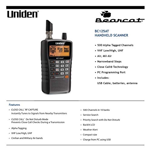 Uniden Handheld Scanner Computer/Portable - 500 Alpha-Tagged Channels, Close Call Technology, Analog Radio, Police Fire Marine Aviation