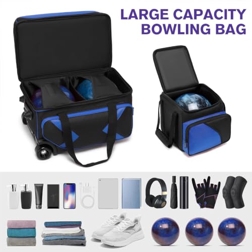 Blue 2+1 Ball Bowling Roller Bag with Wheels & Shoe Compartment - Fits Men & Women