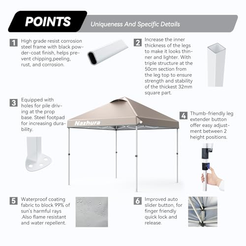 10x10 Ft Pop Up Canopy Tent with Sand Weights - Adjustable Sun Shelter for Camping & Picnic - Khaki